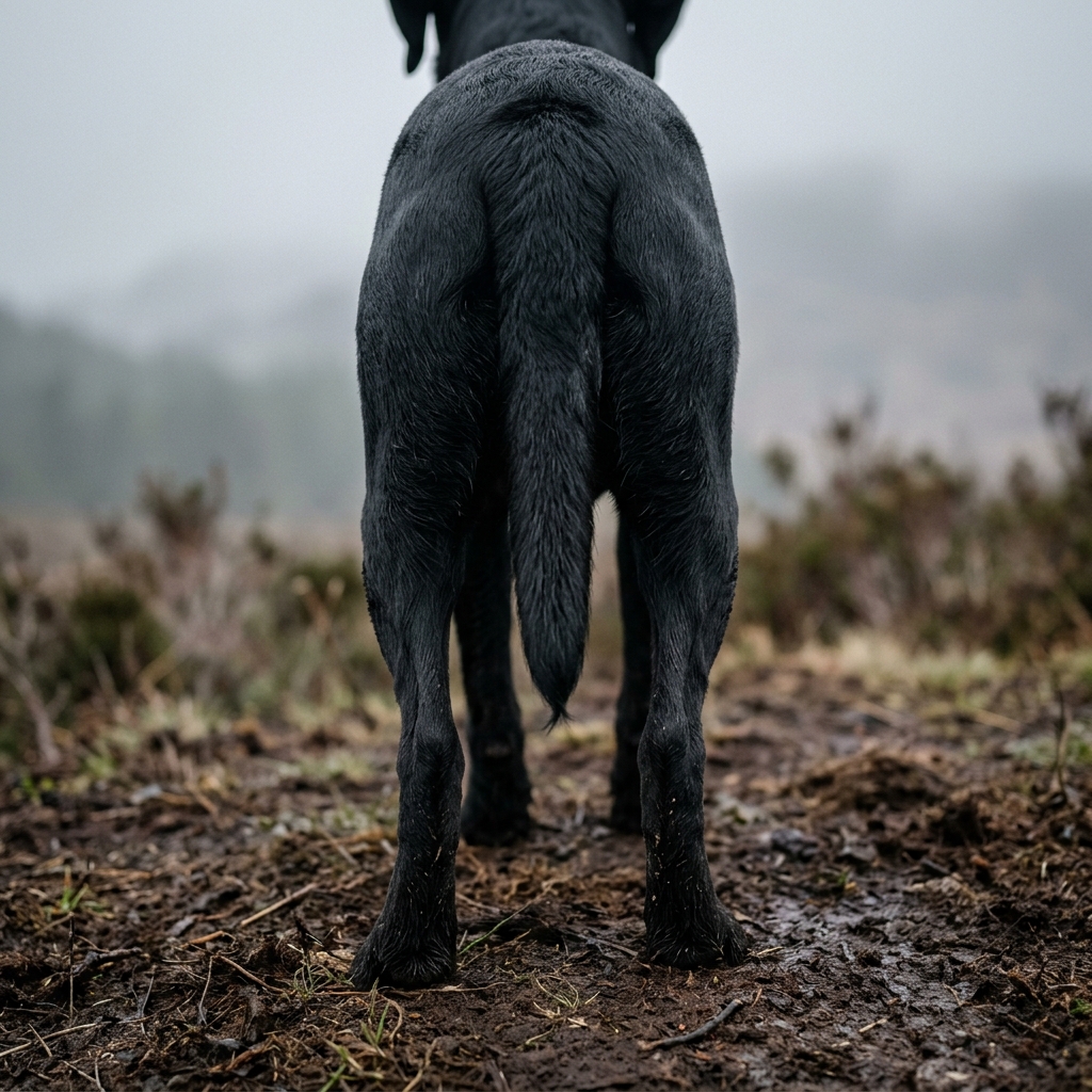 Nahaufnahme der bemuskelten Hinterhand eines gesunden schwarzen Labrador Retrievers, der fest auf moorbraunem Boden steht