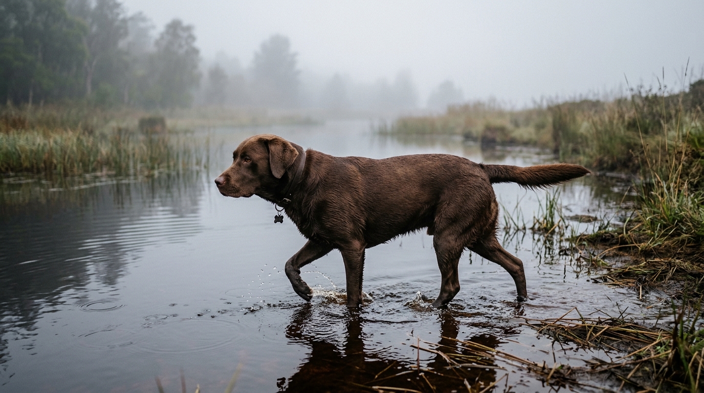 Athletischer, schlanker Labrador Retriever geht bei Morgennebel durch flaches Moorwasser