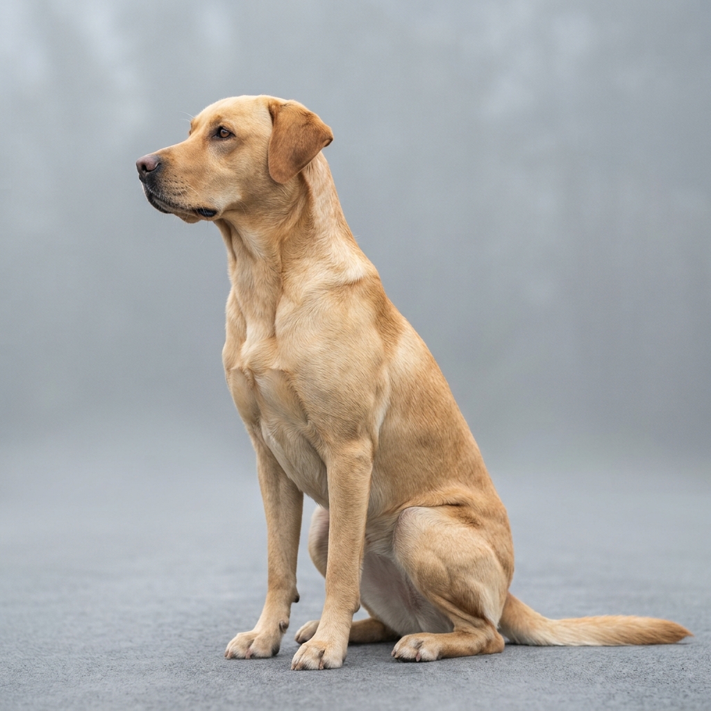 Gesunder gelber Labrador Retriever sitzt im Profil vor nebelgrauem Hintergrund, mit deutlich erkennbarer Taille